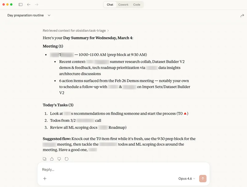 Day prep summary showing meeting overview, today's tasks, and suggested flow