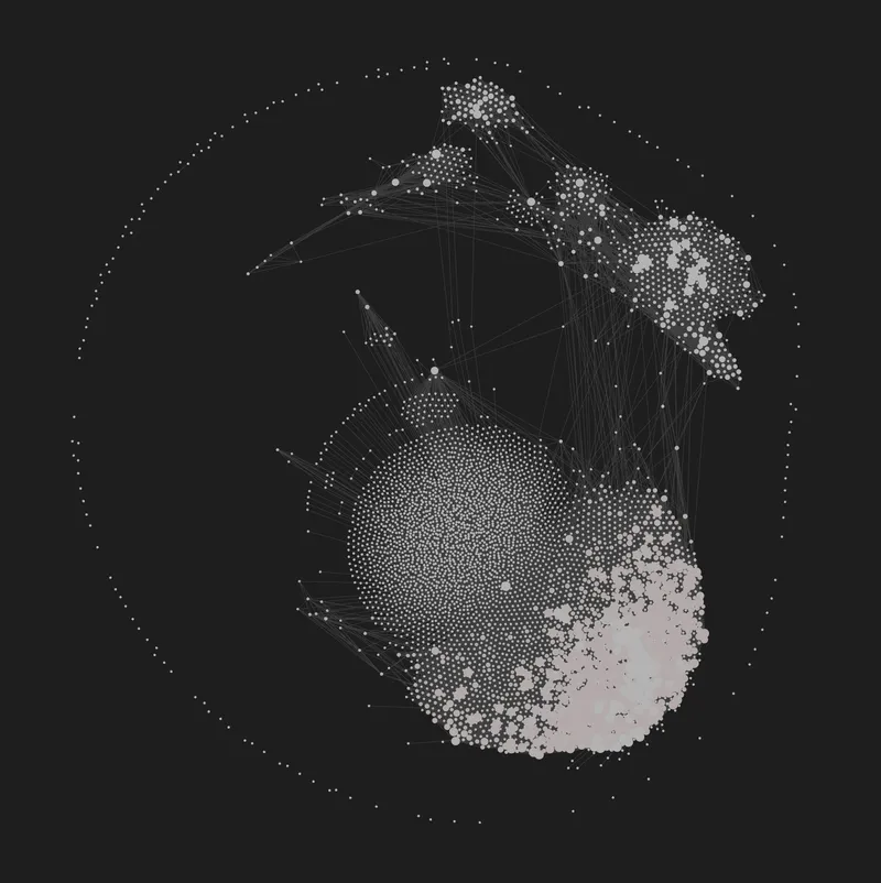 Obsidian graph view of the whole vault, unfiltered: thousands of undifferentiated gray notes in disconnected clumps, ringed by orphan notes linked to nothing.