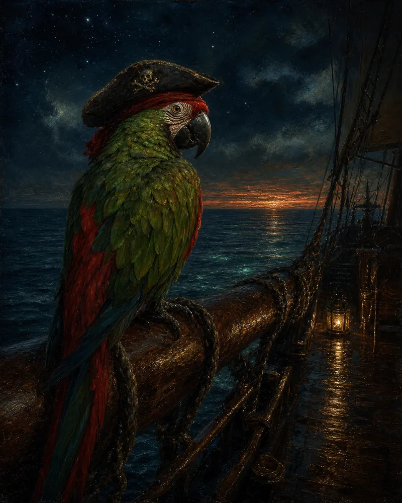 An oil painting of a pirate parrot perched on a ship's rail at night, lantern light on a wet deck, the last of the sunset on the horizon.