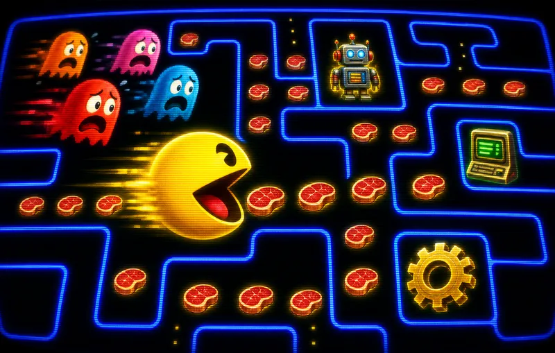 Pac-Man chomping through a maze where the pellets are steaks — an insatiable appetite for meaty projects