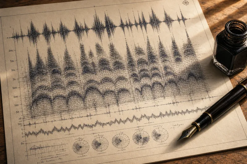 An audio waveform voiceprint drawn in fountain-pen ink on paper, with a pen resting beside it