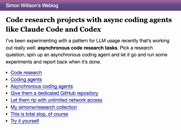 Simon Willison's code research post